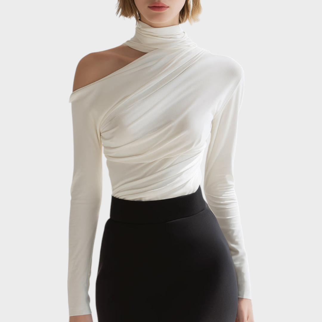 Carlie | Ασύμμετρο Draped Top με Ψηλό Λαιμό και Μακριά Μανίκια