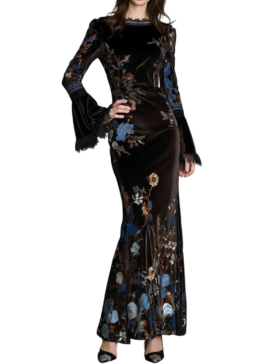 Jane | Βραδινή Βελούδινη Φλοράλ Τουαλέτα Elegance Midnight με Δαντελένια Λεπτομέρεια (Elegance Midnight Velvet Floral Gown With Lace Trim)