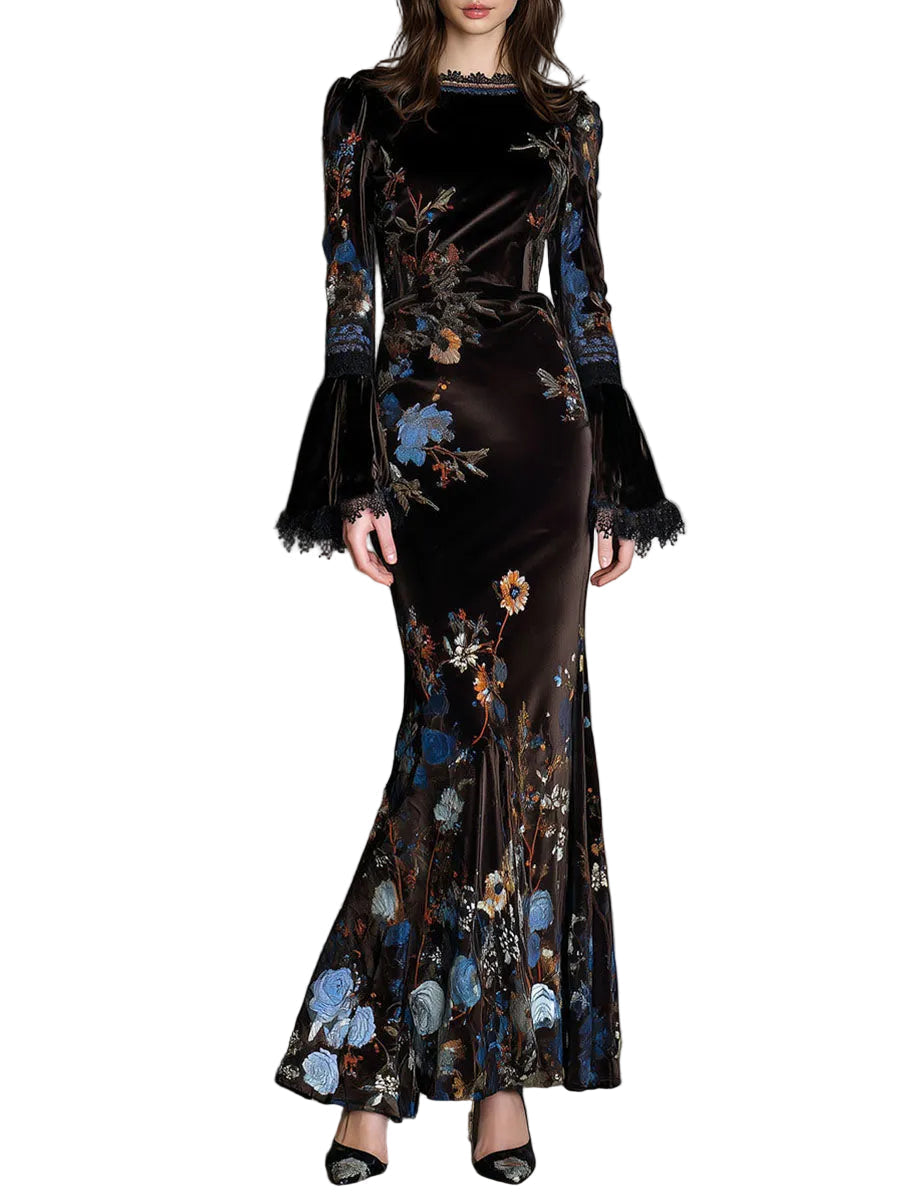 Jane | Βραδινή Βελούδινη Φλοράλ Τουαλέτα Elegance Midnight με Δαντελένια Λεπτομέρεια (Elegance Midnight Velvet Floral Gown With Lace Trim)