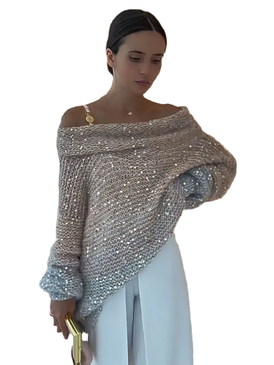 Mia | Πλεκτό Πουλόβερ με Λάμψη και Έξω τους Ώμους (Sparkle Off Shoulder Knit Sweater)