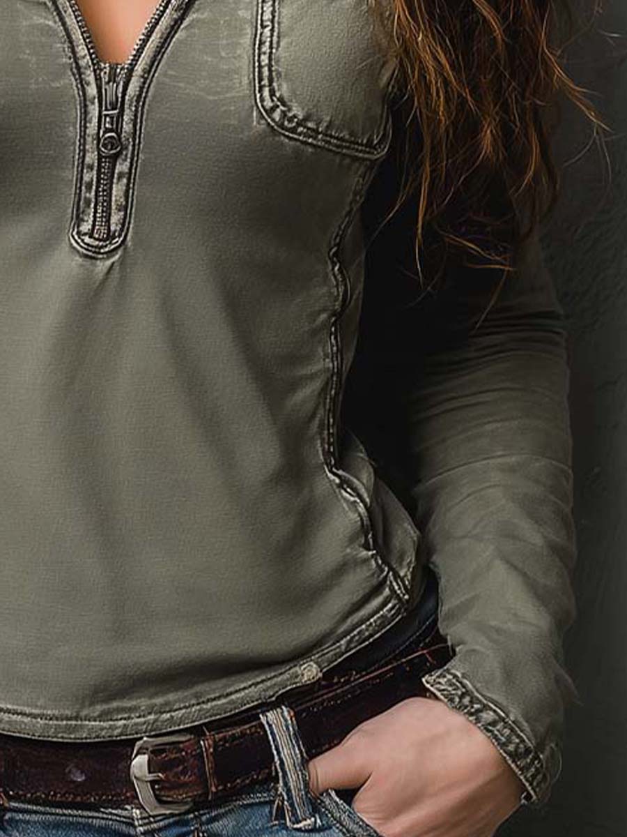 Gina| Slim Fit Western Utility Πλυμένο Πράσινο Top με Φερμουάρ