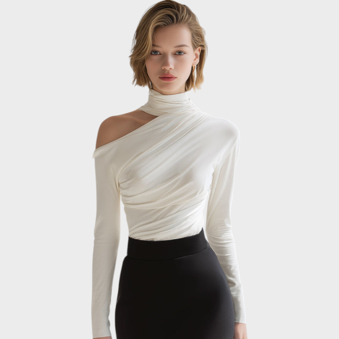 Carlie | Ασύμμετρο Draped Top με Ψηλό Λαιμό και Μακριά Μανίκια