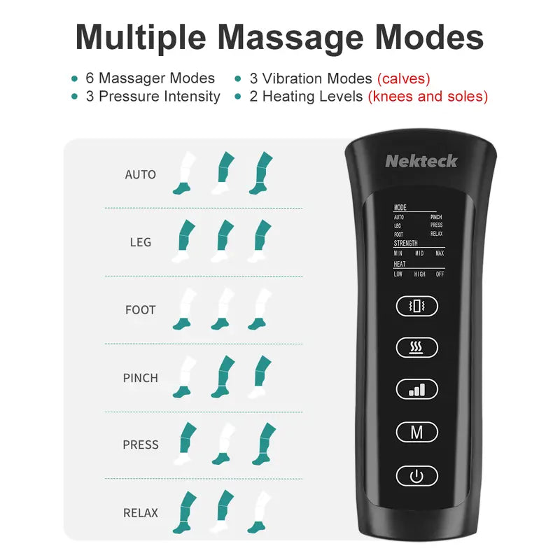 Nekteck Leg Massager for Circulation and Pain Relief Air Compression Foot Calf Thigh Massager with 2 Heat and 3 Vibration 6 Modes 3 Intensities