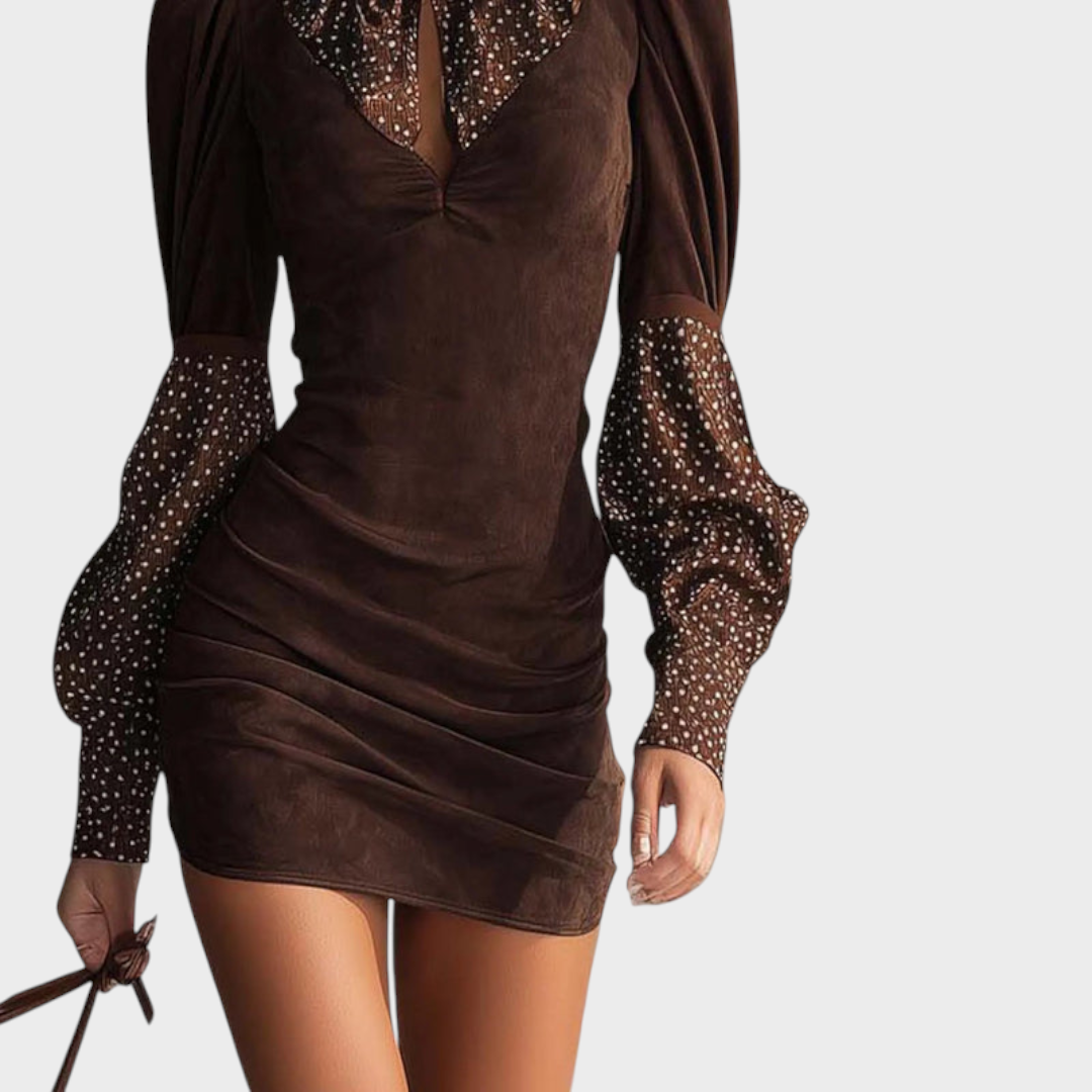 Laira | Καφέ Ψεύτικο Suede Bodycon Φόρεμα Με Σατέν Πουά