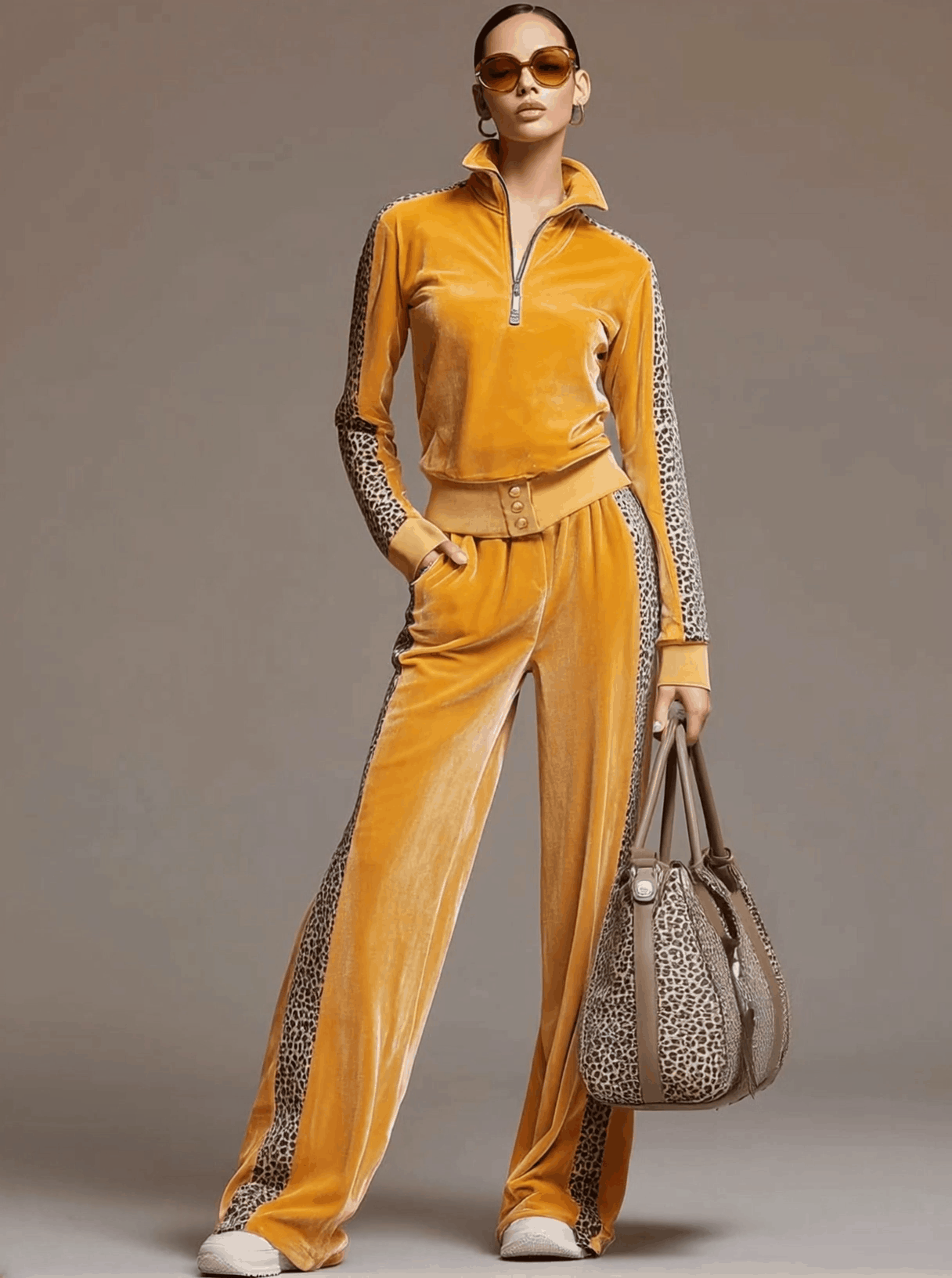Coleen | Casual Sporty Ρετρό Σετ: Κίτρινο Βελούδινο Φούτερ με Λεοπάρ Λεπτομέρειες & Παντελόνα
