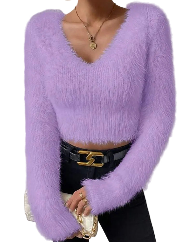 Anya |Casual Χνουδωτό Πλεχτό Πουλόβερ με Λαιμόκοψη V (Casual Fuzzy V-Neck Knit Sweater)