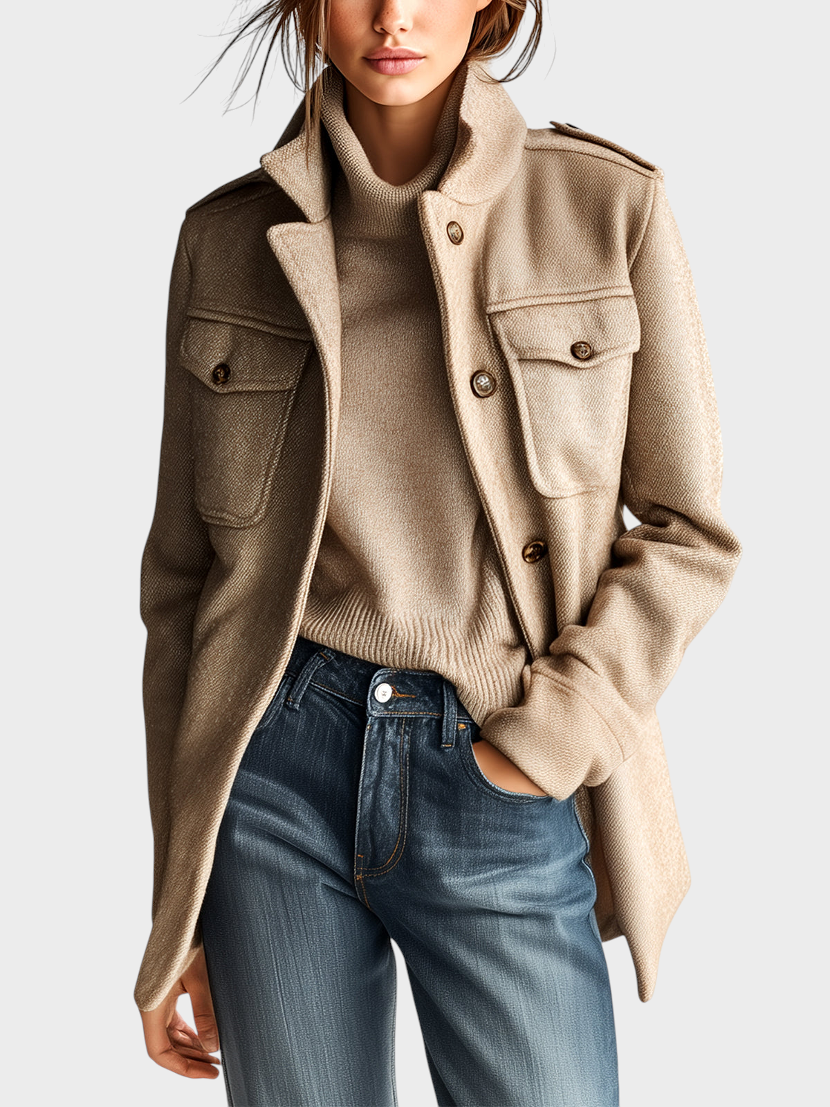 Eleven Ora Vintage Casual Καμηλό Μίγμα Μαλλιού Μπουφάν Στάντ Κολάρο με Επιθέματα και Πολλαπλές Τσέπες