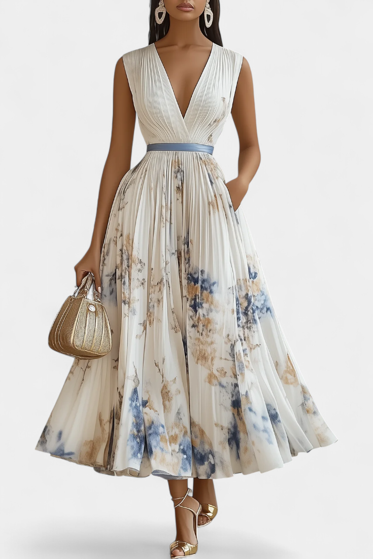 Elise Μίντι Αμάνικο Πλισέ Φόρεμα με Floral Print