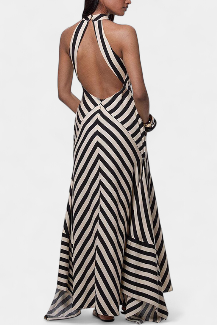 Crispina Ριγέ Maxi Φόρεμα Halter με Ρευστή Γραμμή