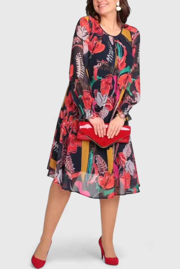 Annegret Φόρεμα Floral Midi με Μακριά Μανίκια και Ρευστή Γραμμή