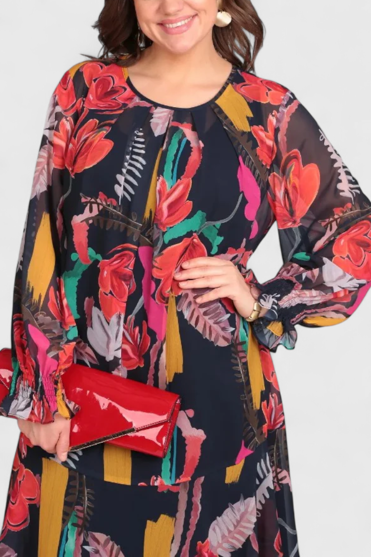 Annegret Φόρεμα Floral Midi με Μακριά Μανίκια και Ρευστή Γραμμή