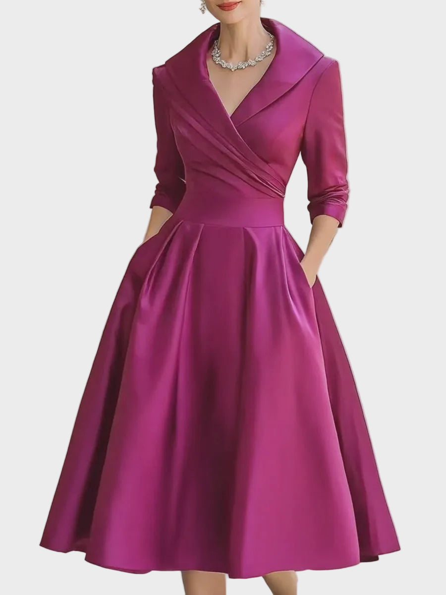 Bella | Vintage-Inspired Σατέν Midi Φόρεμα με Ντραπέ Γιακά