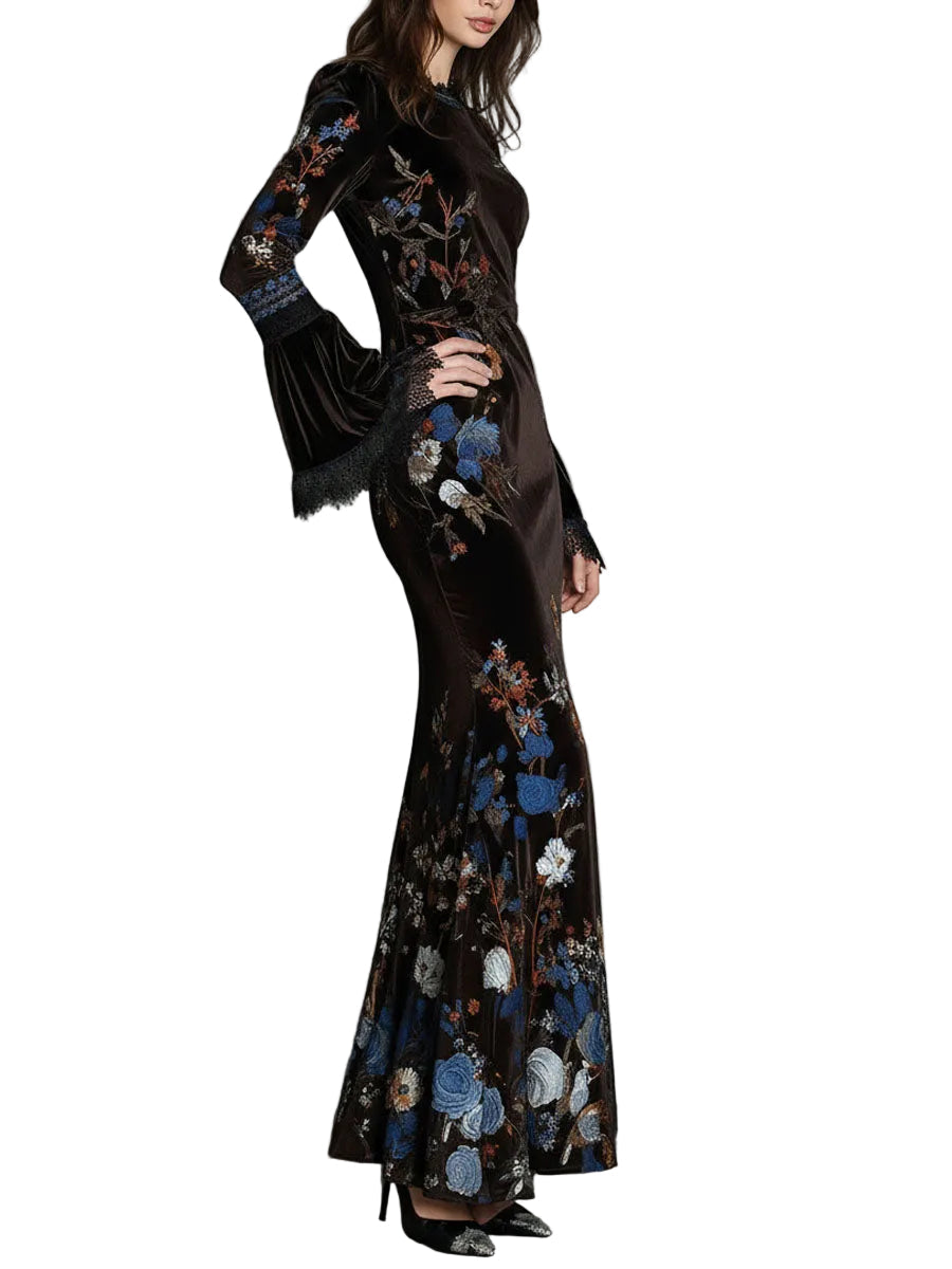 Jane | Βραδινή Βελούδινη Φλοράλ Τουαλέτα Elegance Midnight με Δαντελένια Λεπτομέρεια (Elegance Midnight Velvet Floral Gown With Lace Trim)