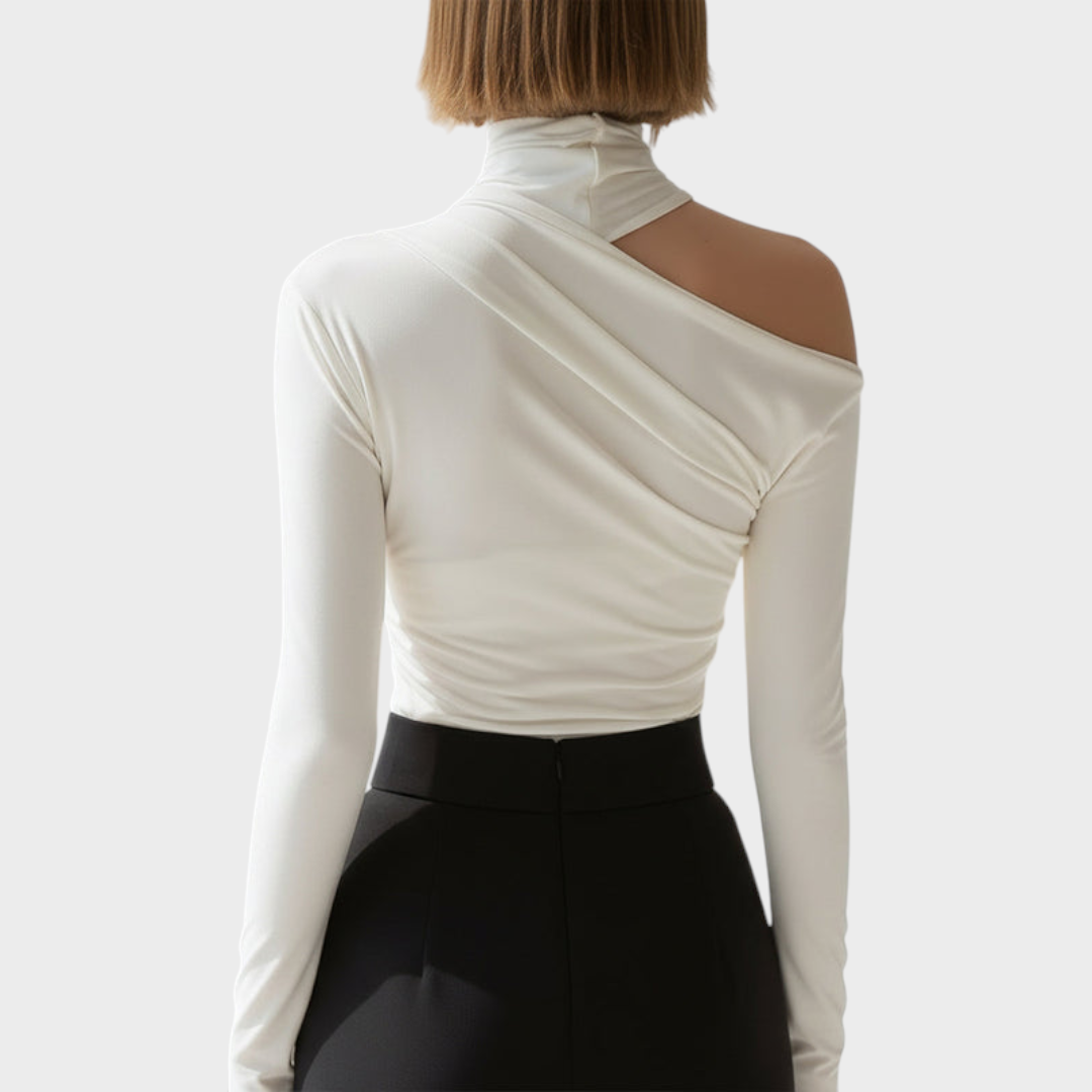 Carlie | Ασύμμετρο Draped Top με Ψηλό Λαιμό και Μακριά Μανίκια