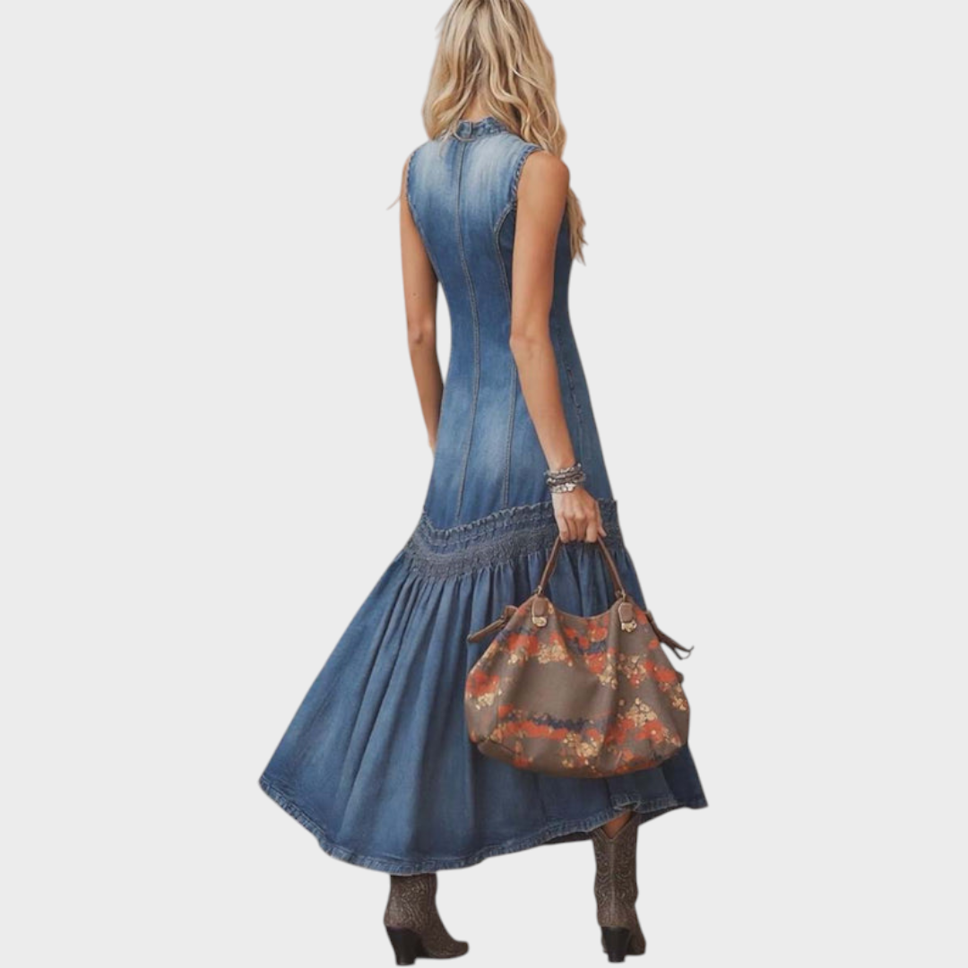 Estrella| Κομψό Vintage Western Φόρεμα Maxi με Δέσιμο Στο Λαιμό και Φούστα Μπαλόνι σε Μπλε Τζιν