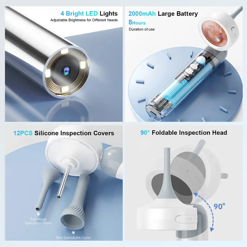 Digital Otoscope with LED Light, 1.4" IPS Screen, 1080P HD Ear Scope for Kids, Adults & Pets, 12 Silicone Specula Tips, Photo & Video Recording, Type-C Rechargeable Ear Wax Removal Tool