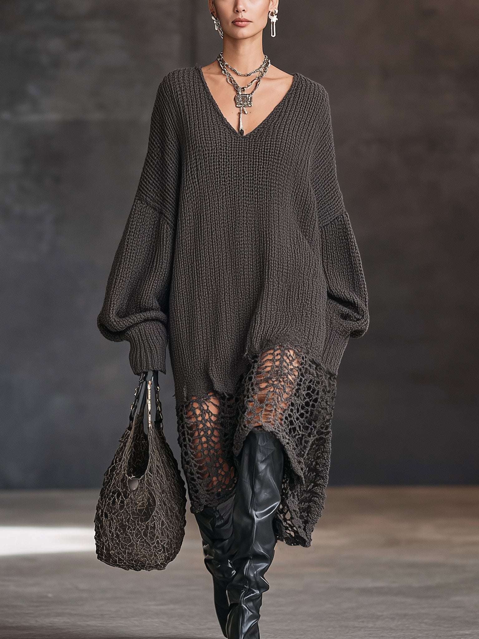 Vannesa| V-Neck Πλεκτό Μίντι Φόρεμα με Διχτυωτά Μακριά Μανίκια