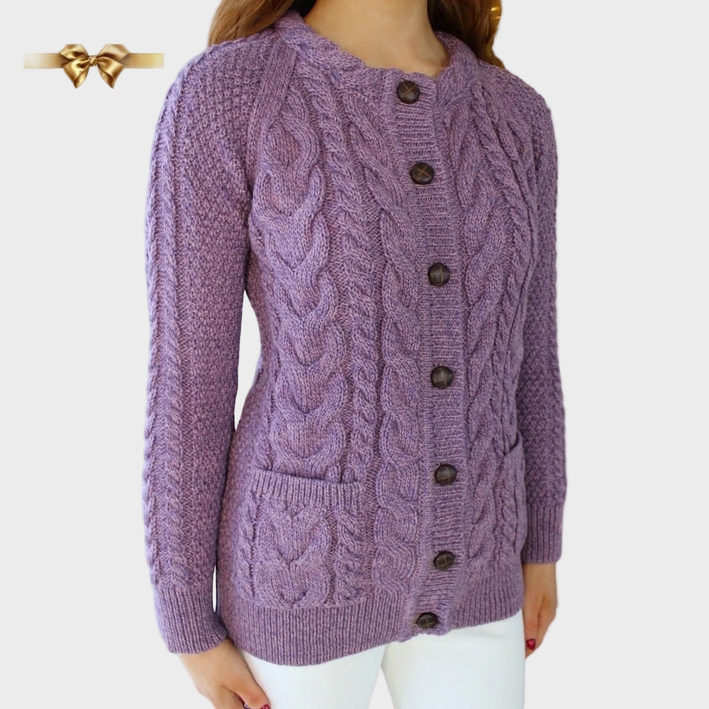 Merino Wool Aran Πλεκτή Ζακέτα - Heather Lilac