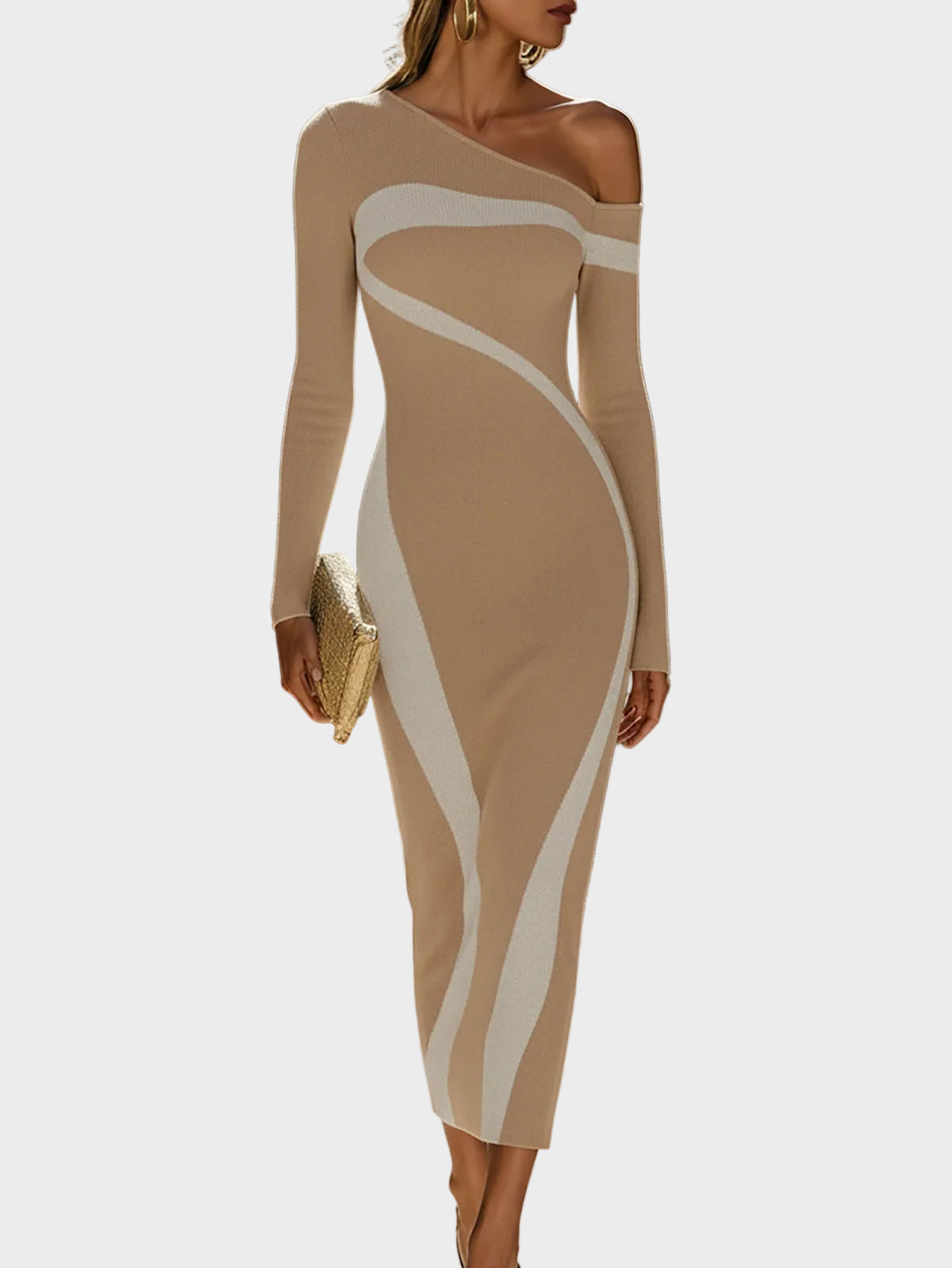 June| Κομψό Μονόχρωμο Bodycon Φόρεμα με Αντίθεση και Έναν Ώμο