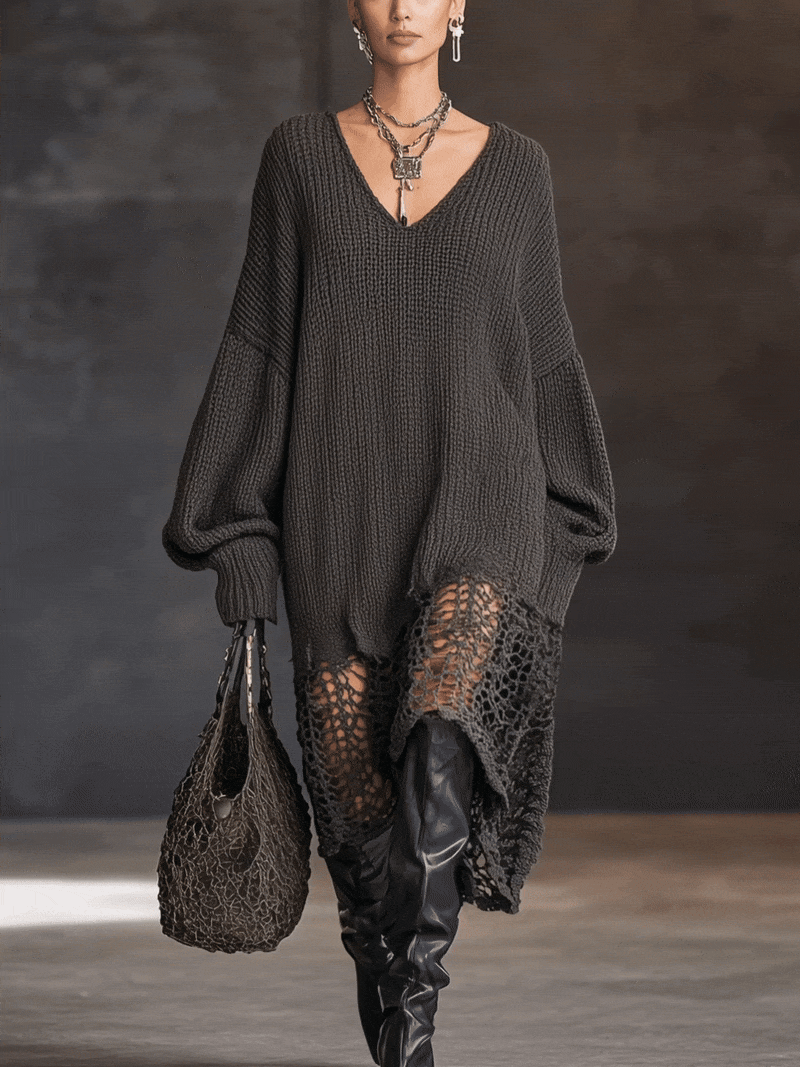Vannesa| V-Neck Πλεκτό Μίντι Φόρεμα με Διχτυωτά Μακριά Μανίκια